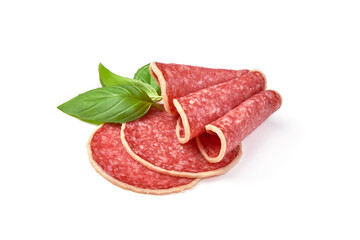 Traditional Italian salami slices, isolated on white background