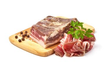 Homemade Chunks of salted bacon, pork lard, isolated on white background