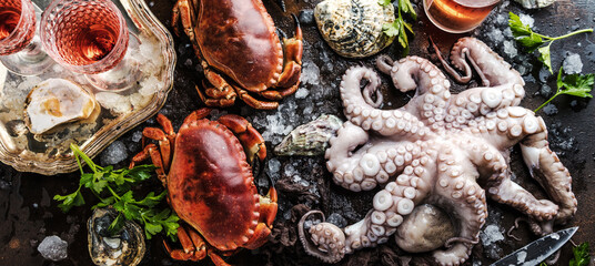 top view of delicious seafood with crabs, oysters, octopus, lemon slices, herbs and ice