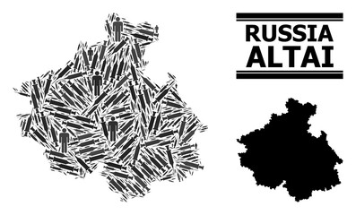 Syringe mosaic and solid map of Altai Republic. Vector map of Altai Republic is designed from vaccine symbols and human figures. Template is useful for quarantine purposes.