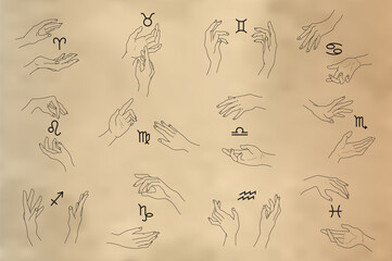 Set of magic hands with zodiac glyphs in outline style. Collection of isolated gestures and zodiac signs in golden color on black background. Vector illustrations for logotypes, prints, cards, clipart