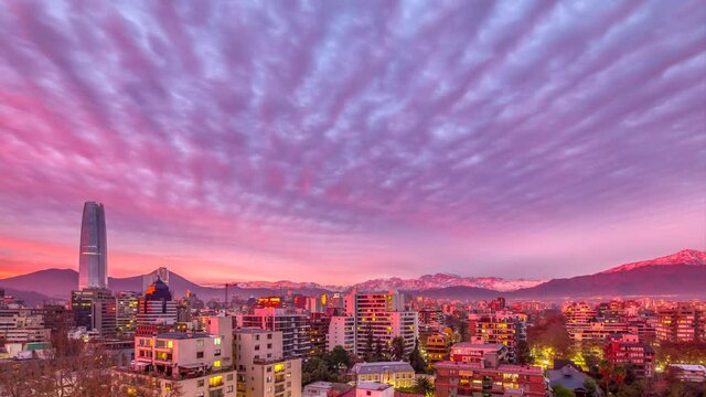Awe time lapse with the clouds moving across Santiago de Chile city skyline. An amazing cityscape scenery on a cloudy winter day with the citylife and the clouds moving above the buildings