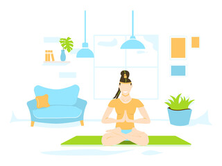 Happy Woman Sitting in Lotus Pose. Young fit women doing sport activities. Healthy Lifestyle Indoor Sports  Flat Vector Illustration. Person working out at home. 