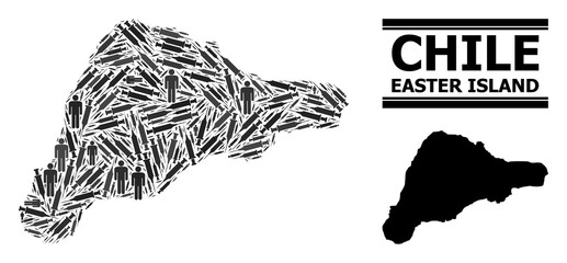 Inoculation mosaic and solid map of Easter Island. Vector map of Easter Island is made of inoculation icons and people figures. Template is useful for isolation aims. Final win over asian flu.
