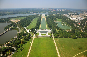 Lincoln Memorial and World War II Memorial, aerial view from the top of Washington Monument in...