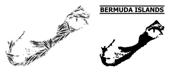 Virus therapy mosaic and solid map of Bermuda Islands. Vector map of Bermuda Islands is shaped of vaccine symbols and human figures. Collage is useful for quarantine ads.