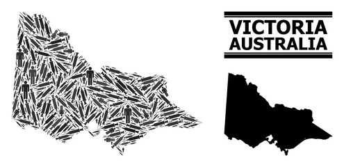 Inoculation mosaic and solid map of Australian Victoria. Vector map of Australian Victoria is designed with inoculation icons and human figures. Abstraction designed for pandemic templates.