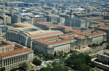 Andrew W Mellon Auditorium, Ronald Reagan Building and Old Post Office in Federal Triangle aerial...
