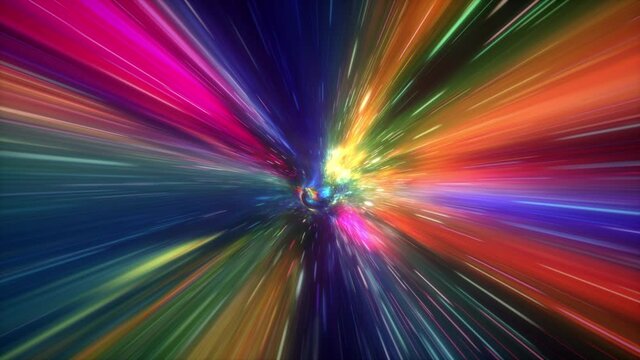 Warp tunnel wormhole navigating turning in hyperspace, abstract colorful rainbow energy vortex in loop.