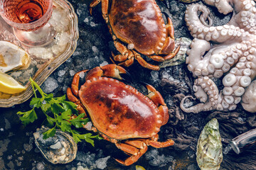top view of delicious seafood with crabs, oysters, octopus, lemon slices, herbs and ice