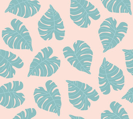 Fototapeta na wymiar Vector illustration of monstera leaves in sky-blue and beige colours. Colorful background texture for kitchen, wallpaper, textile, fabric, paper. Tropical leaves illustration.