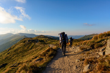 Obraz premium Three young tourists, two little boys and a teenager walk the trails of the Montenegrin ridge, around the top of the Carpathian mountains.