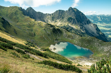 Naklejka na ściany i meble Mountain lake with surrounding peaks, Oberer Gaisalpsee, alps, Bavaria, Germany, Europe