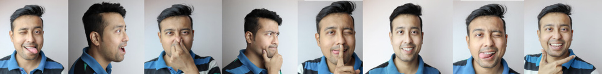 horizontal panoramic collage of different expressions of a young indian guy