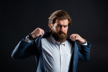 Man bearded hipster modern outfit for business life, ready to go concept