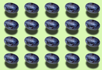Pattern with a Blue plum on a light green background.