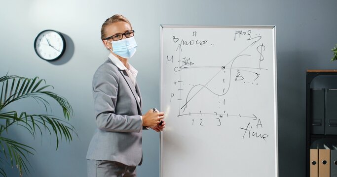 Caucasian young woman teacher in medical mask at school writing formulas and mahematics laws on blackboard. School concept. Female math lecturer in glasses explaining physics laws. Education. Covid-19