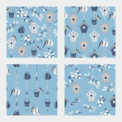 Collection of seamless patterns with birds and birdhouses.