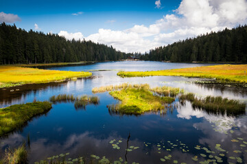 Beautiful Arber lake, colorful water in autumn, relax time for family, Sumava, Javor, Czech Republic