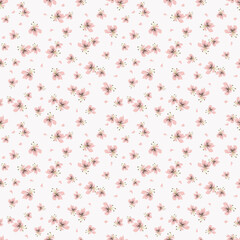 Simple vector floral seamless pattern. Abstract background with small pink flowers, petals on white backdrop. Liberty style wallpapers. Elegant ditsy texture. Repeat design for decor, textile, linens
