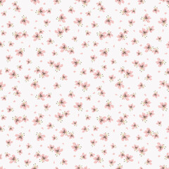 Simple vector floral seamless pattern. Abstract background with small pink flowers, petals on white backdrop. Liberty style wallpapers. Elegant ditsy texture. Repeat design for decor, textile, linens