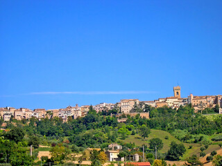 Italy, Marche, Recanati village and Apennines landscape view.