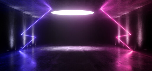 Big Large Neon Laser Purple Blue Dark Night Warehouse Tunnel Corridor Concrete Garage Grunge Sci Fi Futuristic Underground Showcase Car Parking Empty 3D Rendering