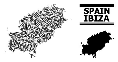 Syringe mosaic and solid map of Ibiza Island. Vector map of Ibiza Island is made with injection needles and people figures. Collage is useful for outbreak ads. Final solution over virus outbreak.