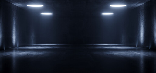 Big Large Neon Laser Blue Dark Night Warehouse Tunnel Corridor Concrete Garage Grunge Sci Fi Futuristic Underground Showcase Car Parking Empty 3D Rendering