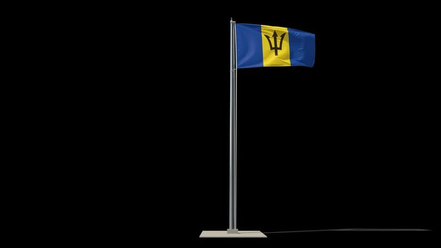 Barbados flag on a flagpole in full growth waving in the wind. You can cut this footage from the background (Luma Mattes). Bridgetown.