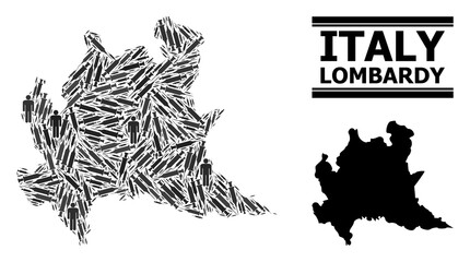 Covid-2019 Treatment mosaic and solid map of Lombardy region. Vector map of Lombardy region is composed of syringes and men figures. Collage is useful for safety templates. Final win over coronavirus.