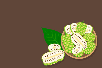 Set of morinda citrifolia, noni fruit, superfood on brown background in bowl. Organic healthy food. Vector cartoon illustration.