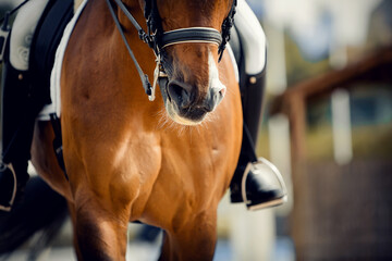 Nose sports brown horse in the double bridle. Dressage horse.