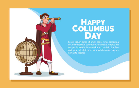Columbus day celebration scene of christopher using telescope and map