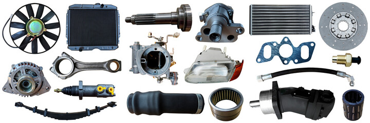 Auto spare parts car on the white background. Set with many isolated items for shop or aftermarket.