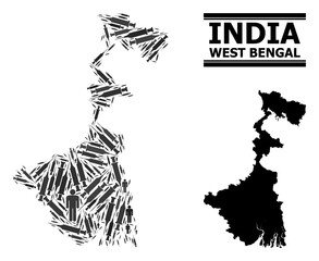 Vaccine mosaic and solid map of West Bengal State. Vector map of West Bengal State is composed with injection needles and men figures. Template is useful for isolation purposes.