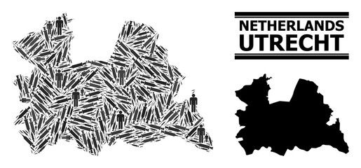 Inoculation mosaic and solid map of Utrecht Province. Vector map of Utrecht Province is formed with inoculation icons and people figures. Abstraction designed for epidemic ads.