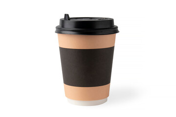 Brown and beige cup for take away coffee with black lid on top isolated on white clean background