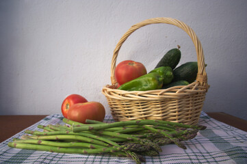 Basket of assorted vegetables with copy space
