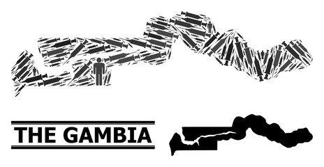 Syringe mosaic and solid map of the Gambia. Vector map of the Gambia is done from injection needles and men figures. Illustration is useful for lockdown alerts. Final solution over coronavirus.