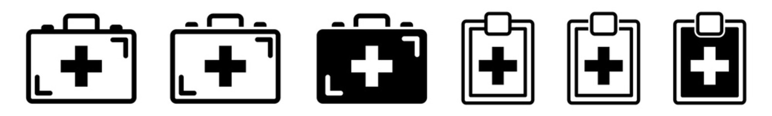 Obraz premium First Aid Kit Icon Black | Emergency Box Illustration | Medical Help Symbol | Paramedic Bag Logo | Cross Sign | Isolated | Variations