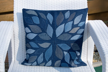 Home made recycled jeans pillow - 378432596