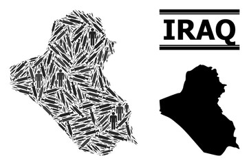 Fototapeta na wymiar Covid-2019 Treatment mosaic and solid map of Iraq. Vector map of Iraq is constructed of injection needles and men figures. Template is useful for treatment posters. Final solution over Covid-2019.