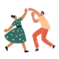 Couple dancing at Retro party. Dancing people enjoy at a dance party. Modern dance in a club. Cute vector illustration of dancers