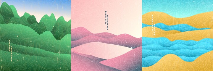 Vector illustration landscape. Wood surface texture. Gradient color. Line wave pattern. Mountain background. Design for social media, web template, banner, blog post. Abstract dirty grunge style