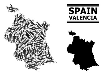 Virus therapy mosaic and solid map of Valencia Province. Vector map of Valencia Province is created of syringes and human figures. Template is useful for medicine templates.