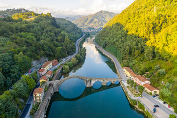 Aerial view of Ponte della Maddalena (Ponte del Diavolo) in Lucca, Italy.