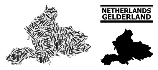 Inoculation mosaic and solid map of Gelderland Province. Vector map of Gelderland Province is formed with injection needles and people figures. Illustration is useful for treatment templates.