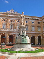 Italy, Marche, Recanati, monumental statue of Leopardi in the town square.