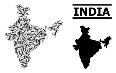 Fototapeta na wymiar Vaccine mosaic and solid map of India. Vector map of India is shaped with vaccine doses and people figures. Collage is useful for epidemic posters. Final solution over coronavirus.